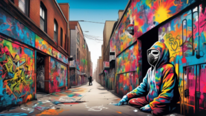 Create an image of a bustling city street filled with colorful graffiti murals, with a hidden figure in a hoodie and mask creating a new piece of street art in the style of Banksy. The scene should capture the mysterious and rebellious spirit of the enigmatic artist, showcasing the intersection between art, activism, and urban culture.