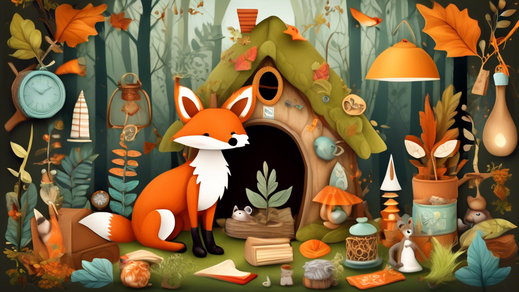 Create an image of a whimsical woodland scene where a clever fox is surrounded by various interesting objects and symbols representing the fascinating facts about foxes, such as a bushy tail, sharp senses, adaptability to different environments, and playful nature. Include elements like a cozy den, colorful leaves, and curious wildlife in the background to enhance the magical atmosphere of the image.