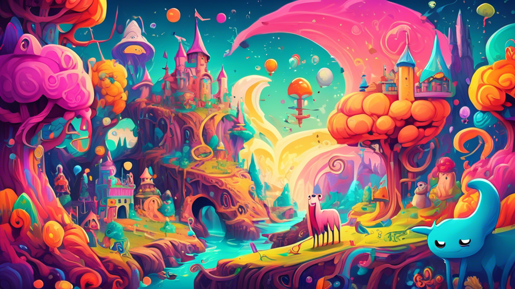 Create an image of a whimsical fantasy landscape inspired by the world of Adventure Time, featuring vibrant colors, unique creatures, and mysterious settings. Include elements like a candy kingdom, talking animals, and a mix of futuristic and medieval elements to capture the essence of the show.