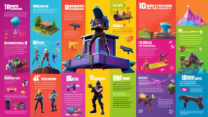 Create an image of a colorful, whimsical infographic showcasing 10 fun facts about Fortnite. Each fact should be visually represented with playful icons, vibrant colors, and engaging designs to capture the essence of the popular video game. The infographic should be visually appealing and informative, providing a quick and entertaining overview of interesting facts about Fortnite.