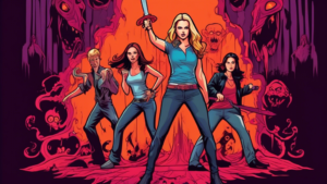 Create an image that depicts iconic elements of Buffy the Vampire Slayer such as a wooden stake, a vampire, the Hellmouth, Buffy wielding a weapon, and a group of friends from the Scooby Gang. The image should capture the essence of the show's mix of action, humor, and supernatural themes.