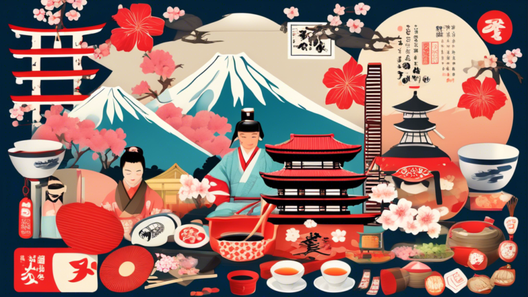 Create an image depicting a collage of iconic symbols and landmarks of Japan, such as Mount Fuji, cherry blossoms, traditional tea ceremony utensils, sushi, sumo wrestlers, bullet trains, Tokyo Skytree, and geisha attire, with each element labeled with a number indicating a fact about Japan.