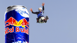 Create an image of a giant can of Red Bull soaring through the sky, with the can incorporating elements from the 10 surprising facts about Red Bull. This could include images or symbols representing the facts, such as a globe for its global reach, a clock for the time it was originally created, and an athlete for its strong ties to extreme sports. The image should convey a sense of energy, excitement, and surprise.