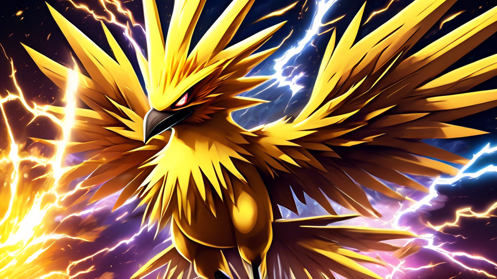 Create an image of a majestic and powerful Zapdos Pokémon hovering in the sky, surrounded by crackling electric energy. Show Zapdos with its wings outstretched, showcasing its sharp talons and fierce expression. Include lightning bolts flashing in the background to emphasize its Electric-type abilities.