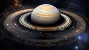 Create an image of Saturn surrounded by its iconic rings, each ring showcasing a different intriguing fact about the planet. The background should be a starry sky to enhance the cosmic theme. Each ring could have visuals or symbols representing the facts, such as Saturn's hexagonal storm, its numerous moons, its unique metallic and rocky core, its distinctive coloration, and its notable tilt. The image should be colorful and captivating, sparking curiosity about the wonders of Saturn.