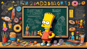 Create an image of Bart Simpson standing at a chalkboard with a mischievous expression, surrounded by various items representing the 21 facts about him. Each item could represent a different fact, such as a skateboard for his love of skateboarding, a donut for his favorite food, and a slingshot for his troublemaker tendencies. The background could feature iconic Simpsons characters to add to the fun and colorful atmosphere.