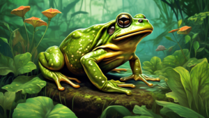 Create an image of a Goliath frog in its natural habitat, showcasing its massive size and unique features. Include elements such as other smaller frogs for scale comparison, lush green vegetation, and a clear view of the frog's distinct markings and features.