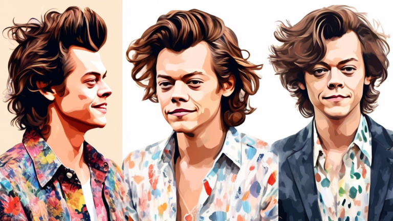 Create an image of Harry Styles with his iconic hair at different lengths and styles, showcasing its evolution over the years. Each image should have a caption highlighting a fascinating fact about his hair, such as its impact on his image, the fan frenzy it has caused, or the inspiration it has provided for trends in the fashion industry.