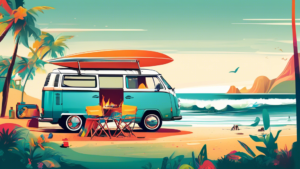 Create an image of a Volkswagen campervan parked in a picturesque campsite by the beach, with a surfboard on top and a family enjoying a barbecue outside. The scene should capture a sense of adventure and relaxation, showcasing the iconic design and versatility of the campervan.