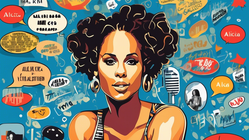 Create an image of Alicia Keys surrounded by floating speech bubbles, each containing one of the following facts: 1. Alicia Keys is a classically trained pianist and started playing the piano at the age of 7. 2. She is a talented songwriter and has written songs for artists such as Christina Aguilera and Whitney Houston. 3. Alicia Keys is a philanthropist and co-founded the nonprofit organization Keep a Child Alive. 4. She has won 15 Grammy Awards and is known for her powerful vocal range. 5. Alicia Keys is also an actress and has appeared in movies such as The Secret Life of Bees and TV shows like Empire.