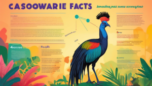 Create an image of a colorful and detailed infographic showcasing the 5 interesting facts about cassowaries. Each fact should be paired with a corresponding illustration to visually represent the information. The background should feature a lush tropical rainforest setting to reflect the natural habitat of these unique birds.