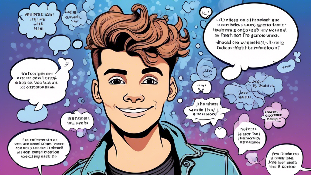 Create an image of a whimsical cartoon version of Jaymi Hensley from Union J with thought bubbles around him, each containing a different interesting fact about him. For example, one thought bubble could say Trained as an actor at the Sylvia Young Theatre School while another could say Competed on 'The X Factor' in 2012. The background of the image could be filled with music notes and spotlights to reflect his entertainment career.