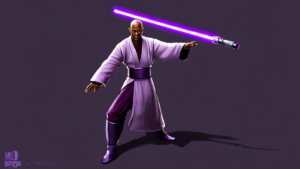 Create an image of a futuristic Jedi warrior wielding a purple lightsaber, surrounded by hovering holocrons displaying the following facts about Mace Windu: 1. His lightsaber color is unique and symbolizes his mastery of both dark and light sides of the Force. 2. He is one of the few Jedi to perfect the Vaapad fighting style, drawing power from his emotions without falling to the dark side. 3. Mace Windu served as a member of the Jedi High Council, showing unparalleled wisdom and strategic thinking. 4. He famously dueled Darth Sidious and held his ground, showcasing his incredible skill in combat. 5. Mace Windu was portrayed by Samuel L. Jackson in the Star Wars prequel films, bringing his own charisma and style to the character.