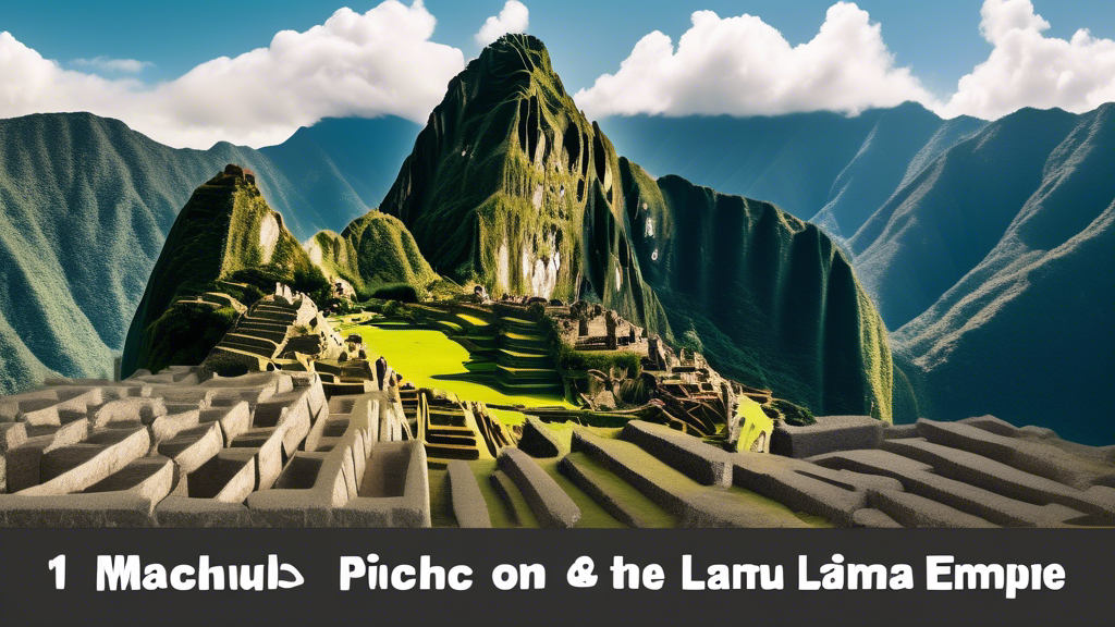 Create an image of Machu Picchu with a split view showing its impressive terraces, intricate stone structures, lush greenery, majestic peaks in the background, and a llama leisurely roaming around the ancient ruins. Include text overlays highlighting the following facts about Machu Picchu: 1. Built by the Inca Empire in the 15th century. 2. Located 7,970 feet above sea level in the Andes Mountains of Peru. 3. Designated a UNESCO World Heritage Site in 1983. 4. Features unique astronomical alignments and advanced engineering. 5. Believed to be a royal estate or sacred religious site.