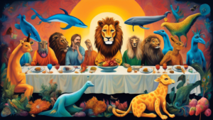 A surreal reimagining of The Last Supper where the disciples are replaced with different animals, such as a lion, a giraffe, a whale, a peacock, and a kangaroo. Each animal subtly reflects a different aspect of the original painting's composition or symbolism.