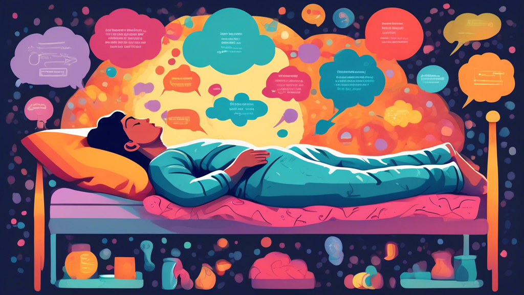 Create an image depicting a human body sleeping peacefully in bed, with thought bubbles above showing five different surprising activities happening within the body while asleep. Ideas could include brain detoxification, muscle repair, hormone regulation, immune system strengthening, and memory consolidation.