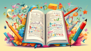 Create an image of a whimsical, cartoonish dictionary with an oversized pencil adding a new word to its pages. The dictionary should be filled with colorful illustrations and open to a page showcasing the word being added, surrounded by fluttering alphabet letters.