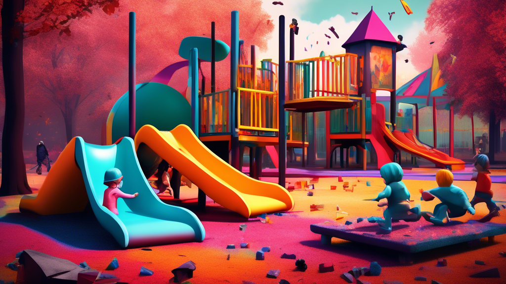 Create an image where an eerie and abandoned cremation site of Adolf Hitler has been transformed into a vibrant and colorful playground. Capture the juxtaposition of the dark history of the location with the joyful and playful atmosphere of the playground equipment and children playing. Highlight the transformation of a once somber place into a symbol of joy and hope.