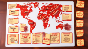 Create an image of a whimsical bacon-themed trivia board game, with game pieces shaped like strips of bacon and trivia cards featuring fun facts about bacon. The board should be set up with colorful squares and illustrations of various bacon-related symbols like pigs, frying pans, and sizzling bacon strips. The title of the game should be Bacon Bonanza: The Ultimate Trivia Challenge.