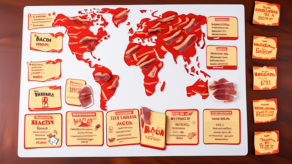 Create an image of a whimsical bacon-themed trivia board game, with game pieces shaped like strips of bacon and trivia cards featuring fun facts about bacon. The board should be set up with colorful squares and illustrations of various bacon-related symbols like pigs, frying pans, and sizzling bacon strips. The title of the game should be Bacon Bonanza: The Ultimate Trivia Challenge.