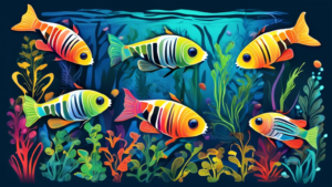 Create an image of a playful and colorful zebrafish swimming in an aquarium filled with aquatic plants and other fish species, showcasing the vibrant and unique beauty of these fascinating creatures.