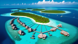 Create an image of a breathtaking aerial view of the crystal-clear turquoise waters and luxurious overwater bungalows of the Maldives, showcasing the beauty and serenity of this tropical paradise destination. Include lush green islands scattered throughout the ocean, surrounded by vibrant coral reefs teeming with marine life. The image should capture the essence of the Maldives as a dreamy, exotic escape.