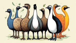 Create an image of a group of various flightless birds, such as ostriches, emus, kiwis, and penguins, displaying unique characteristics and adaptations that make them remarkable despite their inability to fly. Include interesting visual elements showcasing their diversity, habitat, and behavior to highlight their amazing facts as outlined in the article.