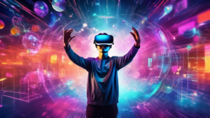 Create an image of a person wearing a futuristic virtual reality headset surrounded by a digital world full of vibrant colors and interactive elements. Include subtle hints of various amazing virtual reality facts in the environment, such as floating data streams with statistics, virtual objects representing different VR applications, and visuals depicting the impact of VR technology. The overall scene should capture the awe and wonder of virtual reality while also conveying the exciting advancements and possibilities in this immersive technology.