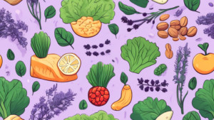 Create an image of a variety of foods known for their anxiety-reducing properties, such as leafy greens, berries, nuts, and fish, surrounded by calming elements like lavender and a soothing color palette.