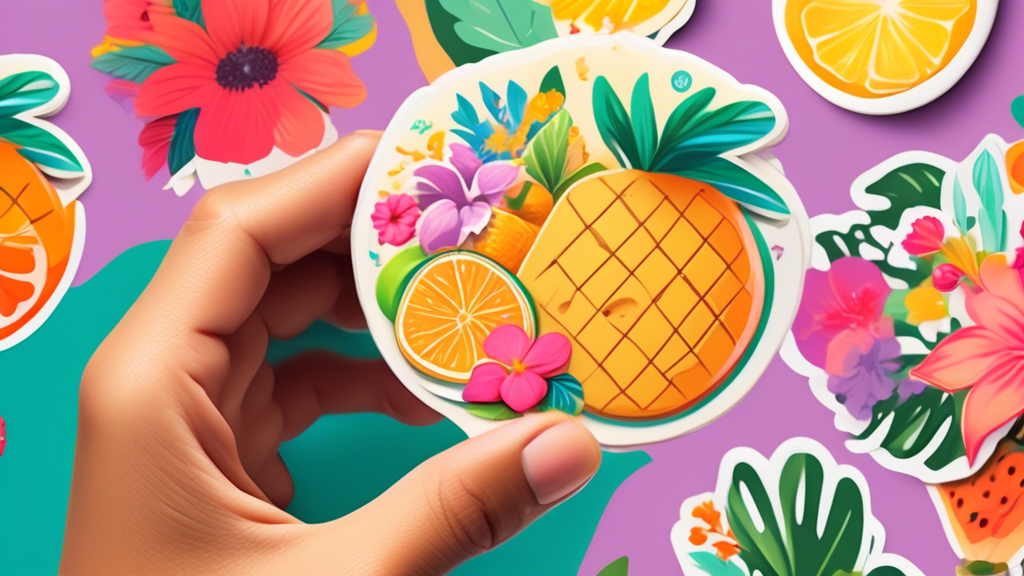 Create an image of a person holding a scratch and sniff sticker, with various pleasant scents emanating from it, such as fresh flowers, a tropical fruit, and a warm chocolate chip cookie. The person should have a smile on their face, showcasing the joy and nostalgia that scratch and sniff technology can bring.