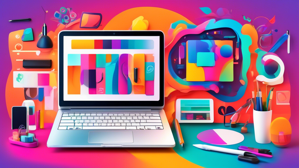 Please create an image of a sleek, modern laptop displaying a variety of logo design tools like Adobe Illustrator, Canva, and LogoMakr in action, with colorful and creative logos being created on the screen. The background should feature a clean and contemporary workspace setting to emphasize the concept of creating stunning logos using these tools.