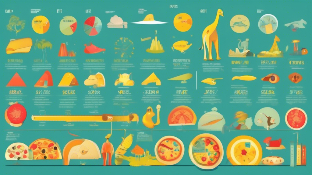 Create an image illustrating a bizarre measurement infographic, showcasing unusual units and scales explored in a visually engaging and informative way. Include quirky and unconventional measurements such as elephant lengths, banana widths, and pizza slice angles to showcase the diversity and creativity in how we measure the world around us. Make the infographic colorful, with playful illustrations and clear labeling to make it easy to understand and enjoyable to explore.