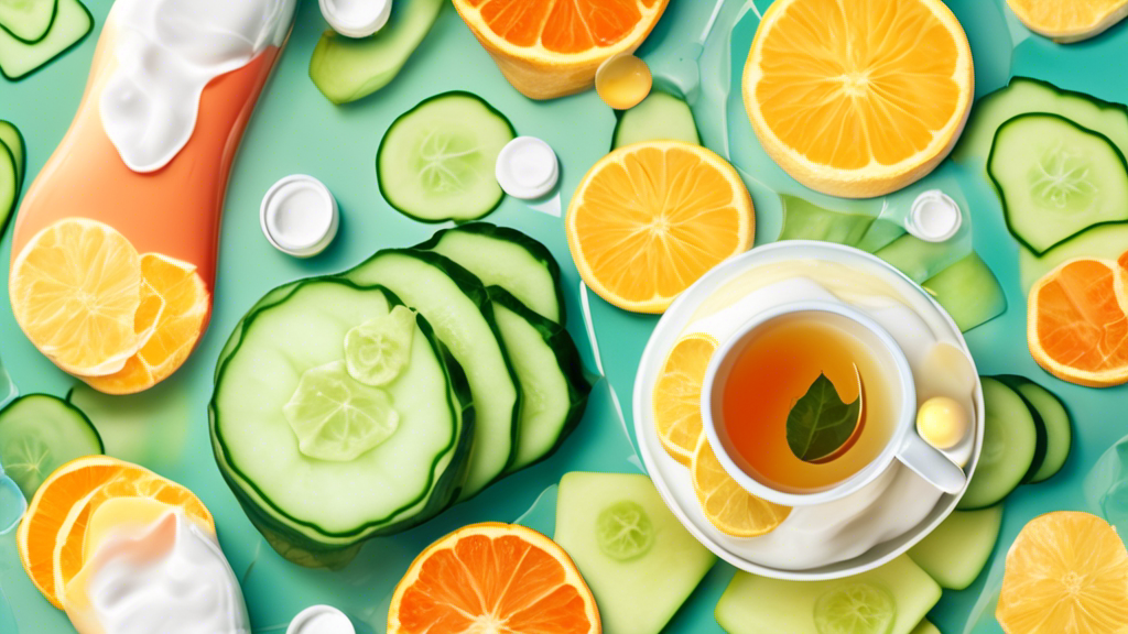 Create an image of a person with bizarre sunburn remedies applied to their skin, such as slices of cucumber, yogurt, and tea bags, with a soothing background to convey the idea of relief and healing.