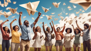 Create an image of a group of diverse, excited individuals in a large open field, surrounded by crumpled paper and various paper airplane designs, as they cheer on a paper airplane flying high in the sky, breaking the world record for paper plane flight. The scene captures the exhilaration and sense of accomplishment as the paper plane soars through the air in front of a backdrop of blue skies and fluffy clouds.