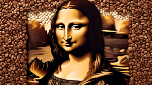 Please generate an image of a coffee art piece that reimagines the iconic Mona Lisa painting. The artwork should showcase intricate details and shading created solely using different shades of coffee as the medium. The coffee art piece should capture the essence of the original Mona Lisa while adding a unique, textured twist due to the use of coffee as the primary material.