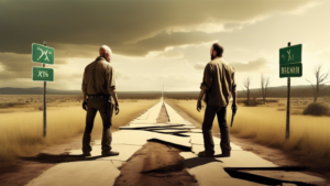 Create an image of a scene where the characters from The Walking Dead and Breaking Bad are standing on opposite sides of a dividing line, with a giant X crossing between them to symbolize the debunking of the crossover theory. The characters should include Walter White, Jesse Pinkman, Rick Grimes, and Daryl Dixon, looking puzzled and pointing at the X. The background should be a fusion of both show's settings, blending the post-apocalyptic world of The Walking Dead with the urban landscapes of Breaking Bad.