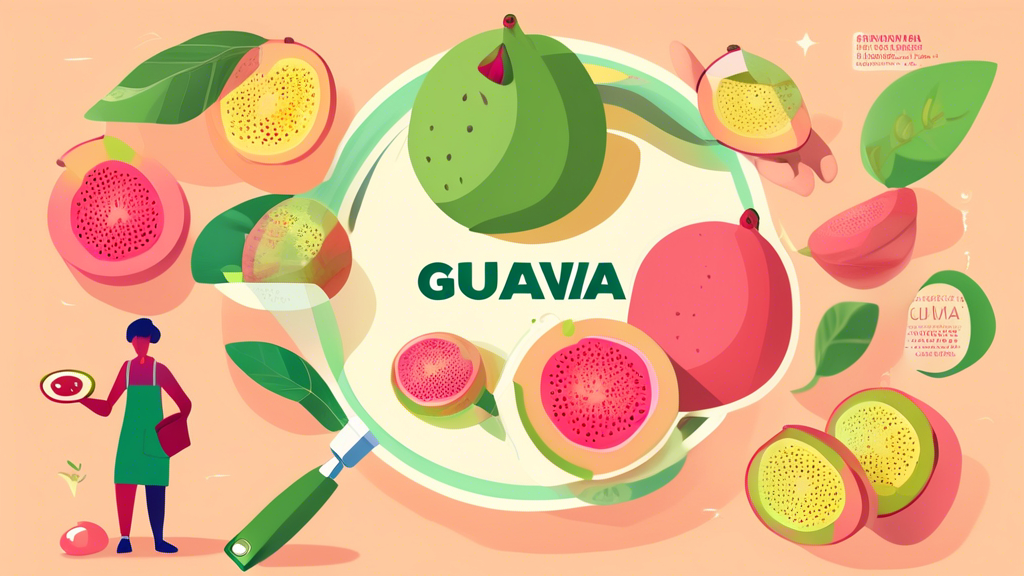 Create an image of a person holding a ripe guava fruit, surrounded by various elements such as a magnifying glass, a book with the title Facts About Guava, and colorful illustrations showcasing different aspects of guava such as its nutrient content, uses in cooking, and health benefits. The person should be looking intrigued and fascinated while exploring the unique characteristics of guava.