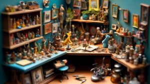 Create an image of a miniature artist's studio filled with incredibly detailed tiny sculptures, showcasing the world's tiniest masterpieces. The scene should include miniature tools, paintbrushes, sculptures, and a magnifying glass highlighting the intricate details of the tiny artworks.