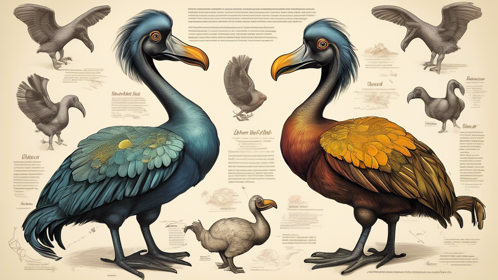 Create an image of a vibrant and detailed illustration showcasing the beauty and uniqueness of the dodo bird. Include elements that highlight the five fascinating facts mentioned in the article such as its inability to fly, friendly nature, unique appearance, extinction due to human activities, and its significance in the history of evolution. The image should capture the essence of this iconic and now extinct species in a visually compelling and informative way.