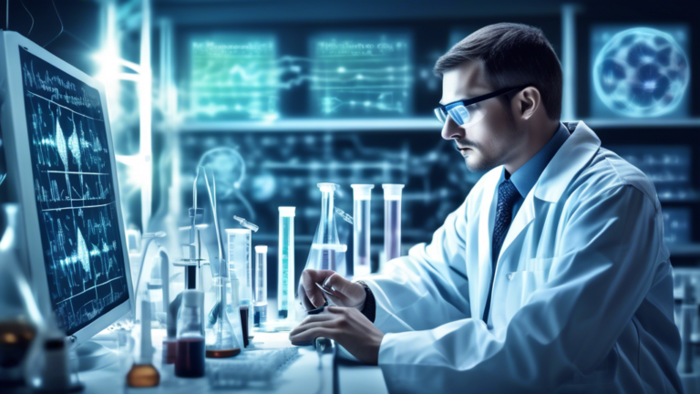 Create an image of a lab researcher analyzing data on a computer screen, surrounded by test tubes and scientific equipment. The researcher should look focused and determined, indicating the intense research being conducted on Epithalon. Include visual elements like DNA strands, chemical formulas, and graphs displaying the results of the experiments. Show a sense of advancement and innovation in the scientific field.
