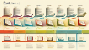 Please generate an image depicting a visual timeline illustrating the evolution of ebooks, starting from the oldest known form of electronic books to the most modern and advanced formats available today. Each stage should be represented in a clear and visually engaging way, showcasing the progression and innovation in the world of digital literature.