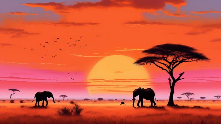 Create an image of a serene African savannah at sunset, with a lone acacia tree silhouetted against the vibrant orange and pink sky. A family of elephants peacefully wanders in the background, while a graceful giraffe elegantly strides across the horizon. The scene captures the timeless charm and natural beauty of Africa's vast landscapes.