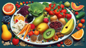 Create an image of a modern, colorful plate of food that features a variety of ingredients that would have been available to Charles Darwin during his time, such as fruits, vegetables, nuts, and seeds. Include elements that reflect both the diet of a 19th-century naturalist and the health-conscious diet trends of today.