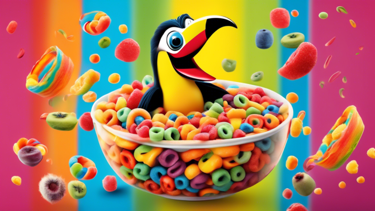 Create an image of a whimsical and colorful breakfast scene featuring large, oversized Froot Loops cereal pieces intertwined with different types of fruit, with a cheerful toucan character joyfully flying above them. The image should convey a sense of fun and playfulness while highlighting the vibrant and iconic nature of Froot Loops.