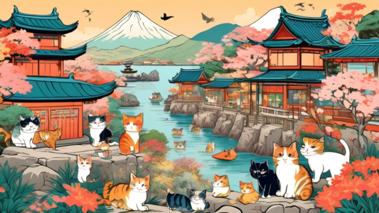 Create an image of a serene and picturesque Japanese island filled with adorable cats roaming freely and peacefully coexisting with the locals. Capture the essence of a feline lover's paradise with beautiful scenery, traditional Japanese architecture, and a plethora of friendly and playful cats in various colors and sizes.