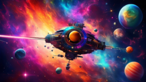 Create an image of a futuristic space probe flying through a colorful nebula, with various planets of different sizes and colors orbiting around a distant star in the background. The scene should evoke a sense of wonder and discovery as the probe ventures into uncharted territory in search of new planets.