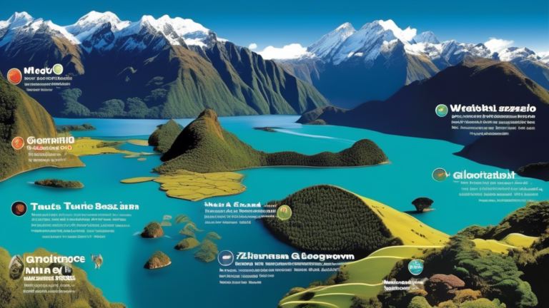 Create an infographic showcasing the top attractions and highlights of New Zealand, including stunning landscapes, iconic landmarks, and diverse wildlife. The image should feature recognizable landmarks such as Milford Sound, Mount Cook, and the Waitomo Glowworm Caves, along with native New Zealand wildlife such as kiwi birds and tuatara. Include statistical data and interesting facts about the country's unique geography, culture, and natural wonders.
