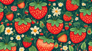 Create an image of a whimsical garden filled with oversized strawberries and tiny creatures like fairies and bees, surrounded by lush greenery and vibrant flowers. The strawberries are depicted in a variety of shapes and colors, showcasing their unique characteristics as the tiny creatures go about their daily activities in this enchanting strawberry wonderland.