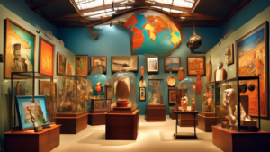 Create an image of an eclectic museum with various artifacts and exhibits from around the globe, showcasing the diverse and fascinating collections found in unique museums worldwide. Each display should represent a different culture or theme, inviting viewers to imagine the diverse experiences of exploring museums across the globe.