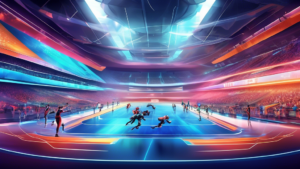 Create an image of a futuristic sports arena where athletes are engaging in a high-tech sport that combines elements of virtual reality, drones, and robotics. Imagine a dynamic and innovative setting where athletes showcase their skills in a visually stunning and technologically advanced competition.